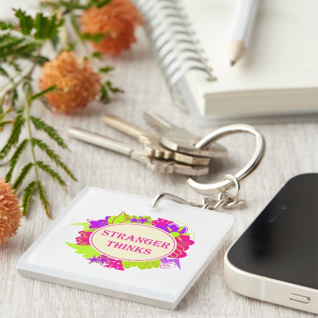 Stranger thinks quote in 80s tv show style keychain (Front Right)