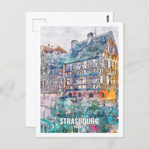 Strasbourg France Famous Travel Place Watercolor Postcard