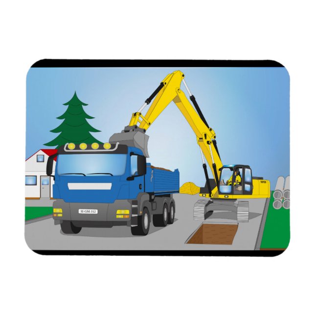 Straßenbaustelle mit blauem LKW und gelben Bagger Magnet (Horizontal)
