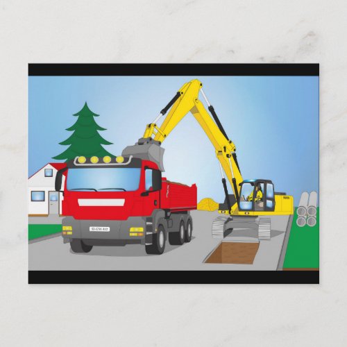 Straenbaustelle mit rotem LKW und gelben Bagger Postcard