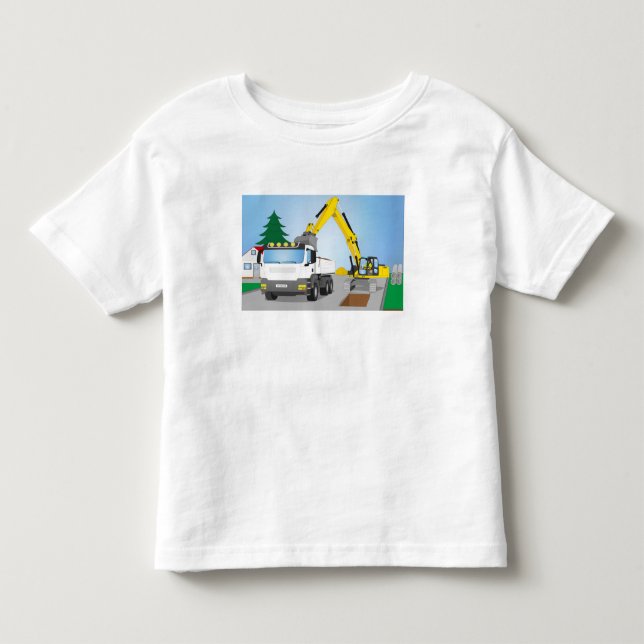 Straßenbaustelle mit weißem LKW und gelben Bagger Toddler T-shirt (Front)