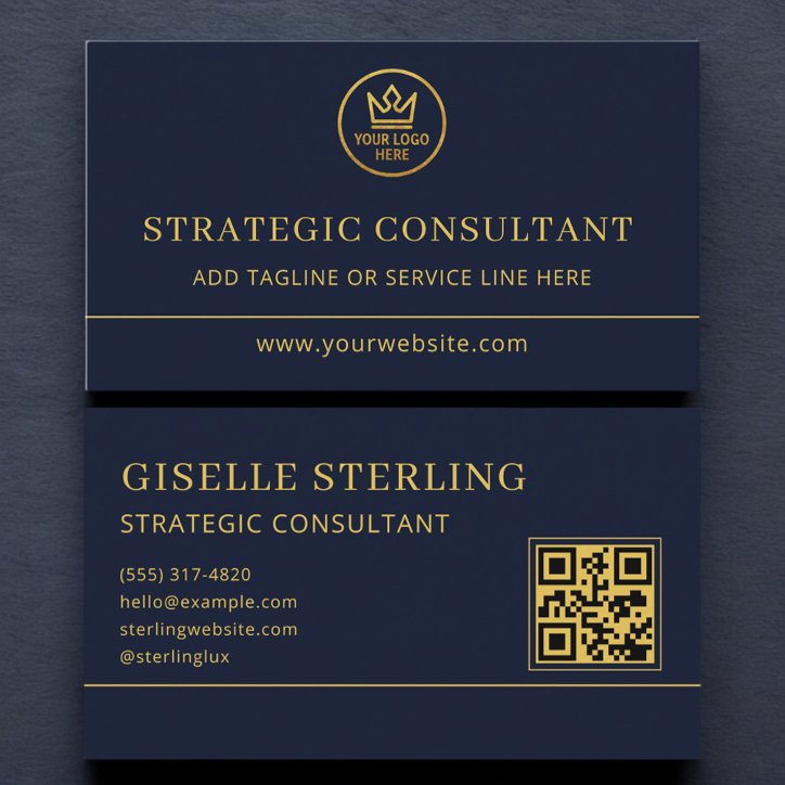 Strategic Consultant Blue Gold Logo QR Code Business Card