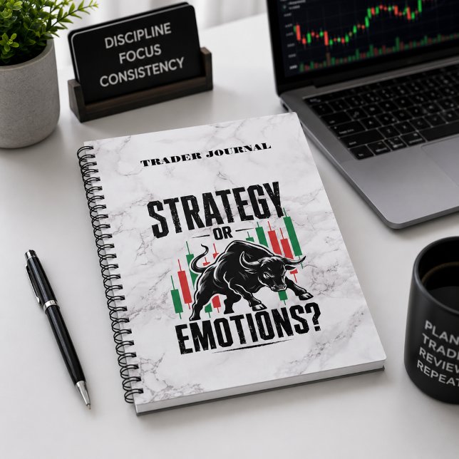 Strategy or Emotions Trading Mindset marble Design Notebook (Image shown for illustration purposes only.)
