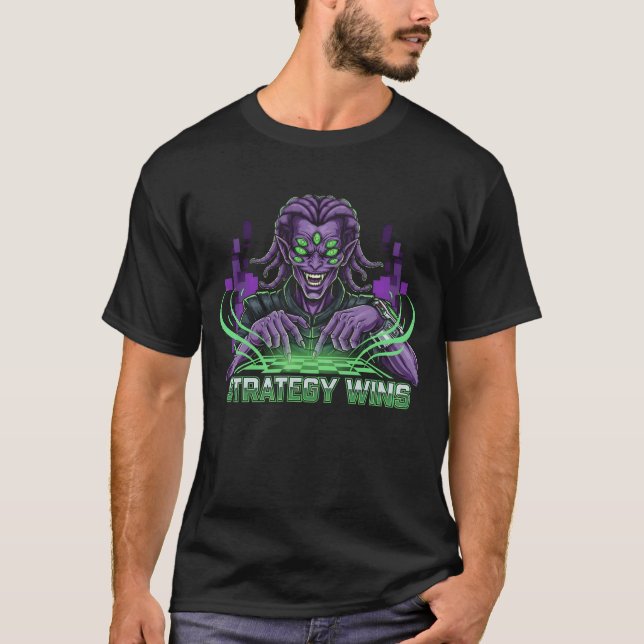 Strategy Wins Alien Gamer T-Shirt | Sci-Fi Chess M (Front)