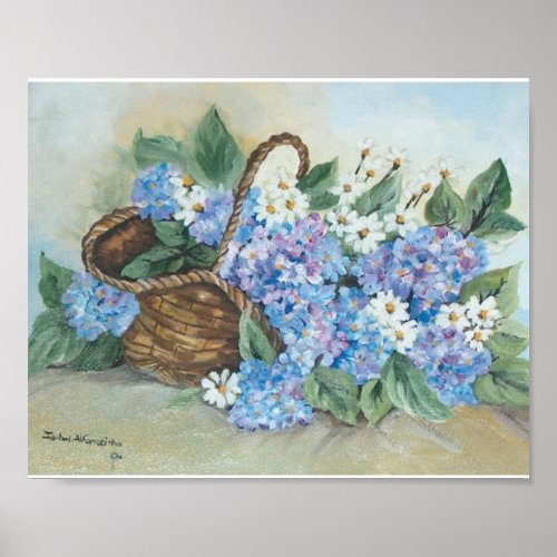 Straw basket with blue hydrangeas Poster