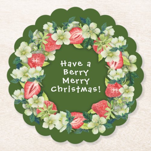 Straw Berry Merry Christmas Green Paper Coaster