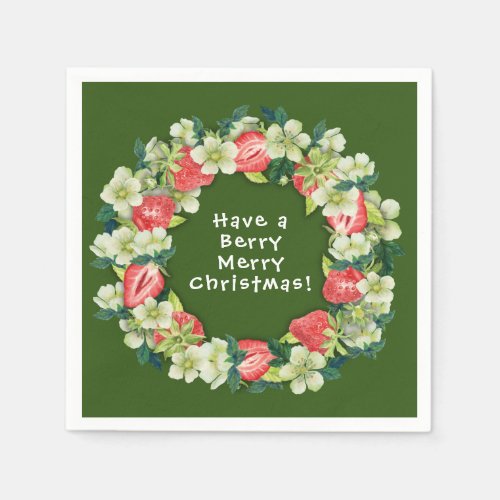 Straw Berry Merry Christmas Green Paper Cocktail Napkins