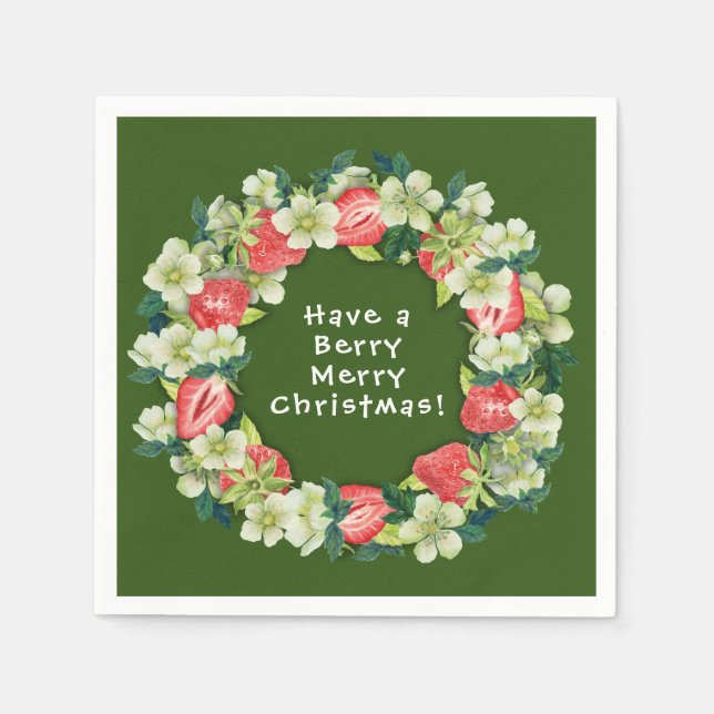 (Straw) Berry Merry Christmas Green Paper Cocktail Napkins (Front)