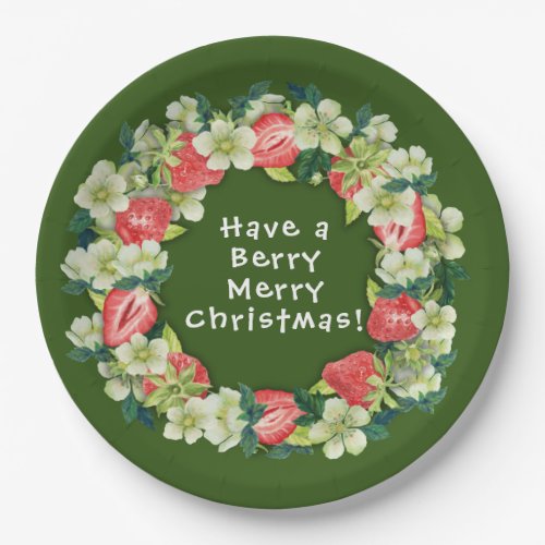 Straw Berry Merry Christmas Green Paper Plate