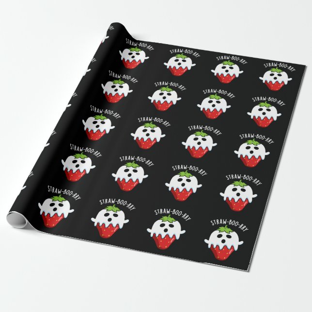 Straw-boo-rry  Funny Strawberry Pun Dark BG Wrapping Paper (Unrolled)