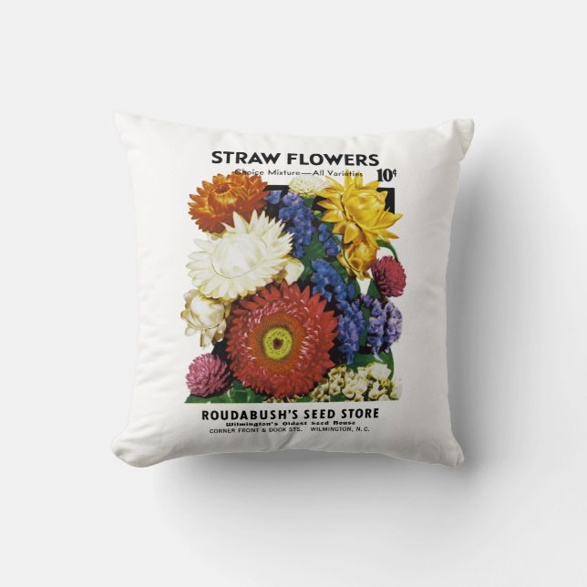 Straw Flowers Seed Packet Label Throw Pillow (Front)