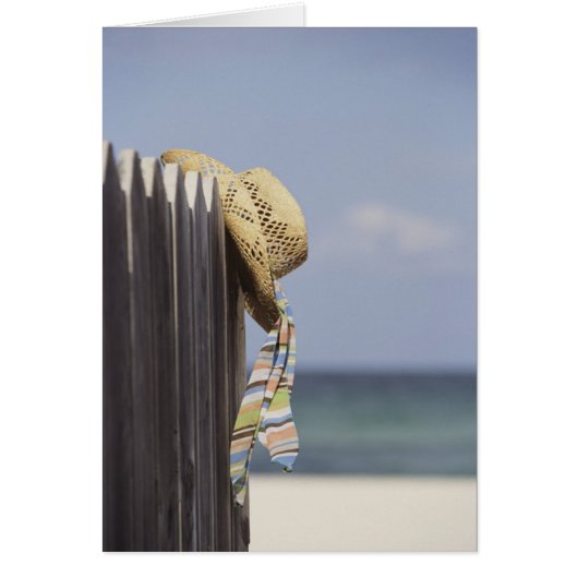 Straw Hat Hanging On Fence At Beach Cards (Front)