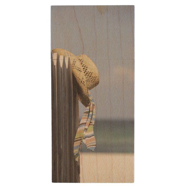 Straw Hat Hanging On Fence At Beach Wood USB Flash Drive (Front Vertical)