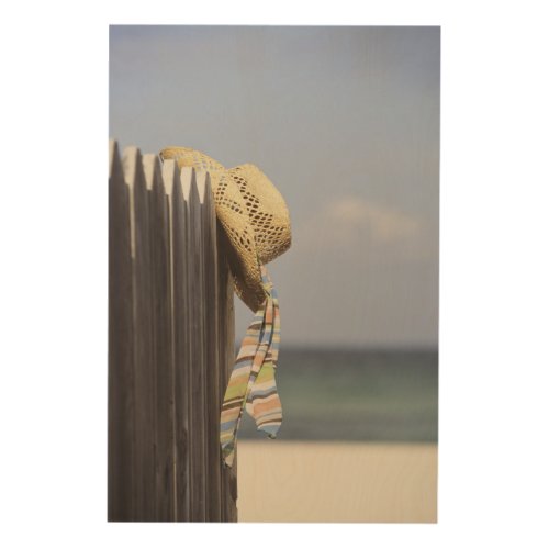 Straw Hat Hanging On Fence At Beach Wood Wall Decor