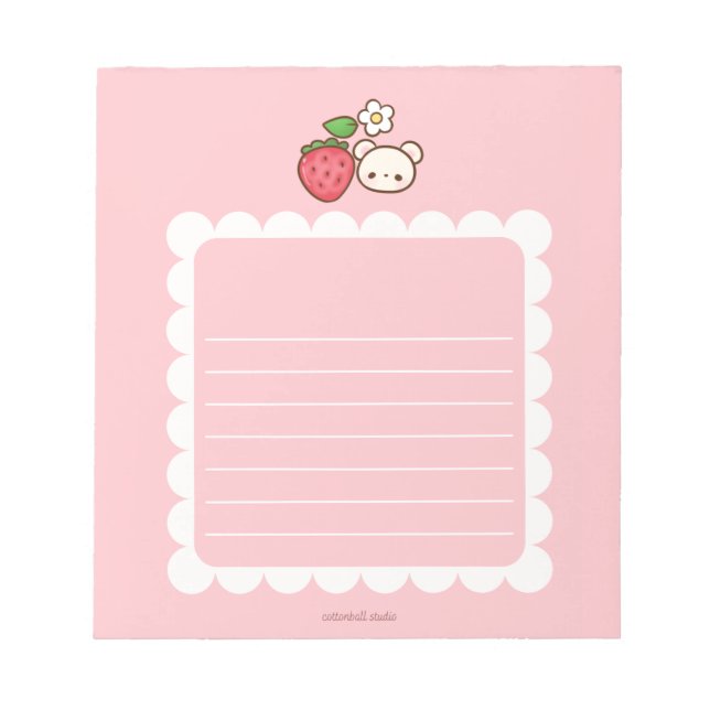 Strawbeary Pink Scallop Border Cute Bear Notepad (Front)