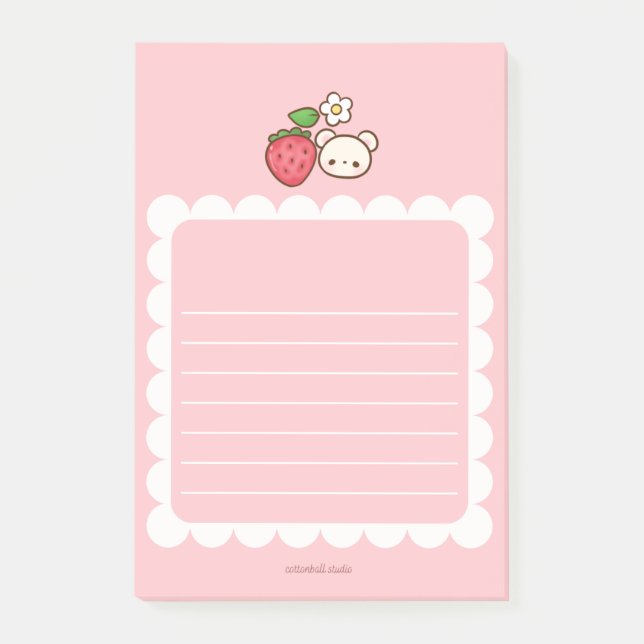 Strawbeary Pink Scallop Border Cute Bear Notepad (Front)