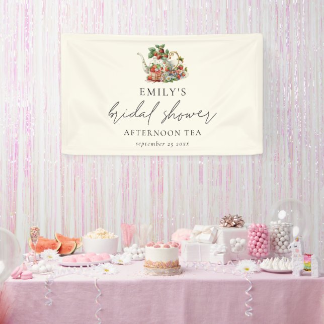 Strawberries Afternoon Tea Name Date Bridal Shower Banner (Party)