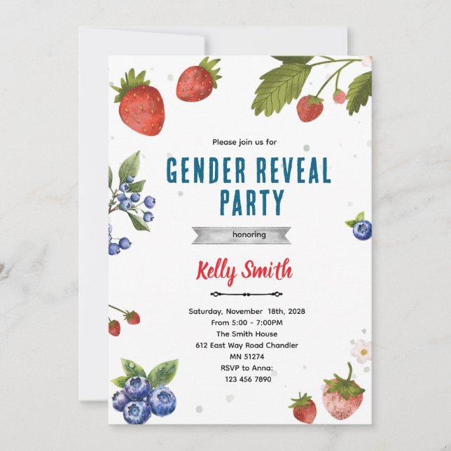 Strawberries and Blueberries Gender Reveal invite (Front)