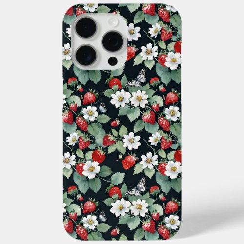 Strawberries and Butterflies Black iPhone 15 Pro Max Case