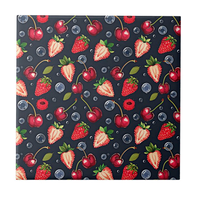 Strawberries and cherries on a dark background   ceramic tile (Front)