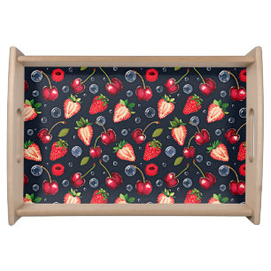 Strawberries and cherries on a dark background   serving tray