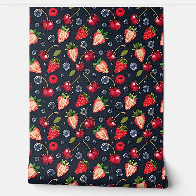 Strawberries and cherries on a dark background   wallpaper  (Unrolling)