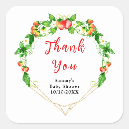 Strawberries and Daisies Baby Shower Thank You Square Sticker