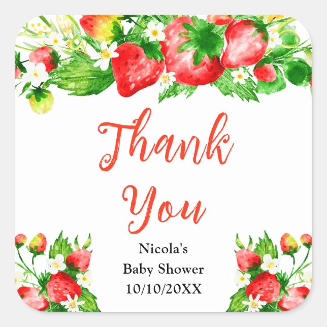 Strawberries and Daisies Baby Shower Thank You Square Sticker (Front)