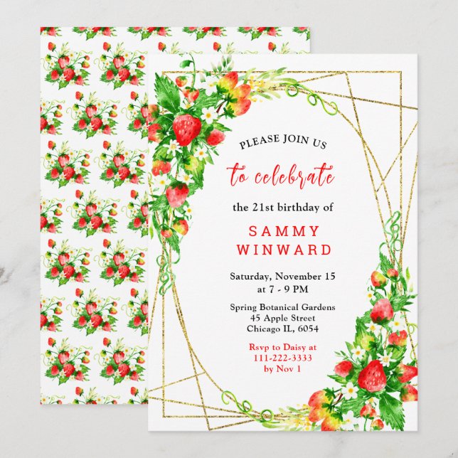 Strawberries and Daisies Birthday Invitation (Front/Back)