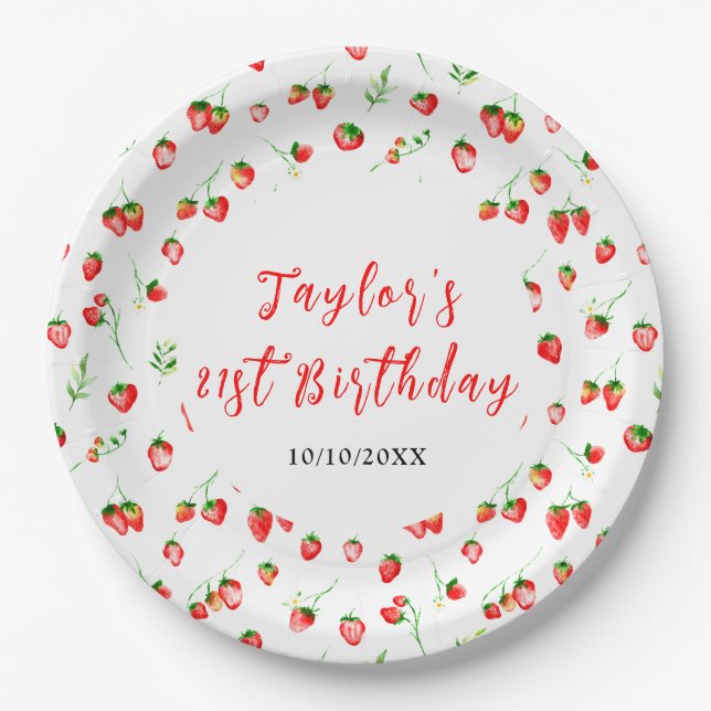 Strawberries and Daisies Birthday Party Paper Plates (Front)