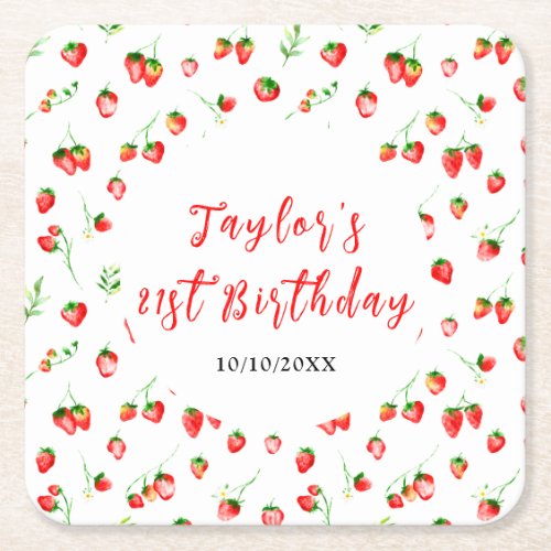Strawberries and Daisies Birthday Party Square Paper Coaster