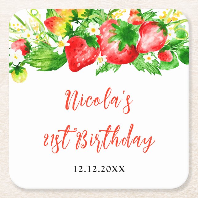 Strawberries and Daisies Birthday Square Paper Coaster (Front)