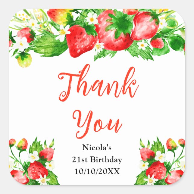 Strawberries and Daisies Birthday Thank You Square Sticker (Front)