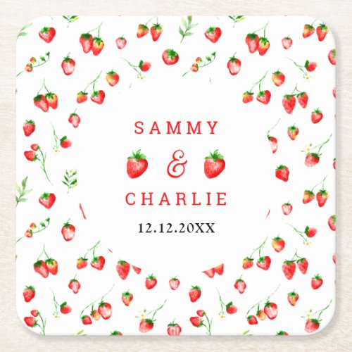 Strawberries and Daisies Wedding Square Paper Coaster