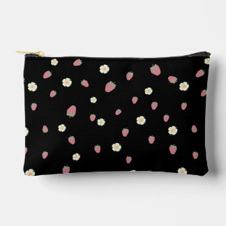 Strawberries and Flowers Black Pattern Accessory Pouch