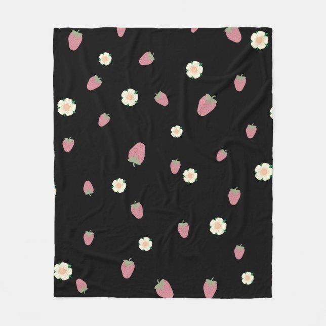 Strawberries and Flowers Black Pattern Fleece Blanket (Front)