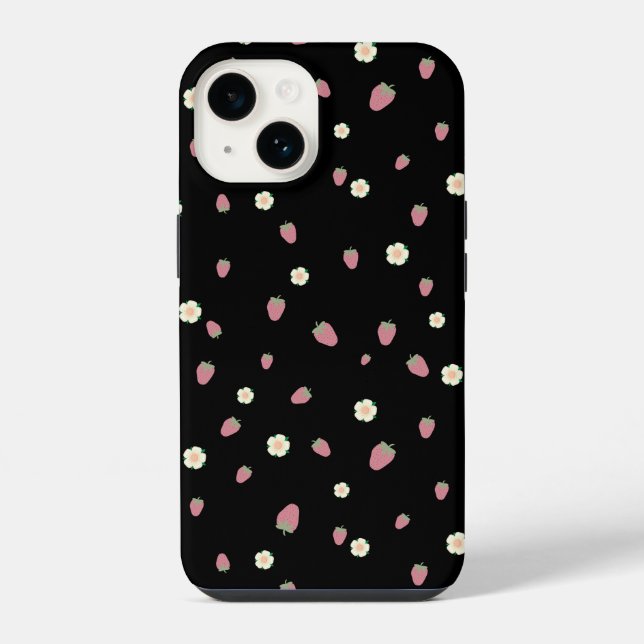 Strawberries and Flowers Black Pattern Iphone Case (Back)