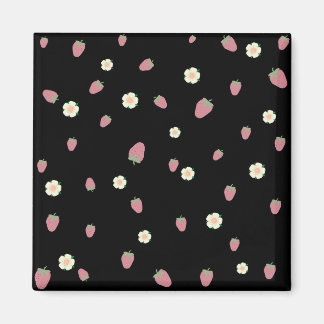 Strawberries and Flowers Black Pattern Magnet