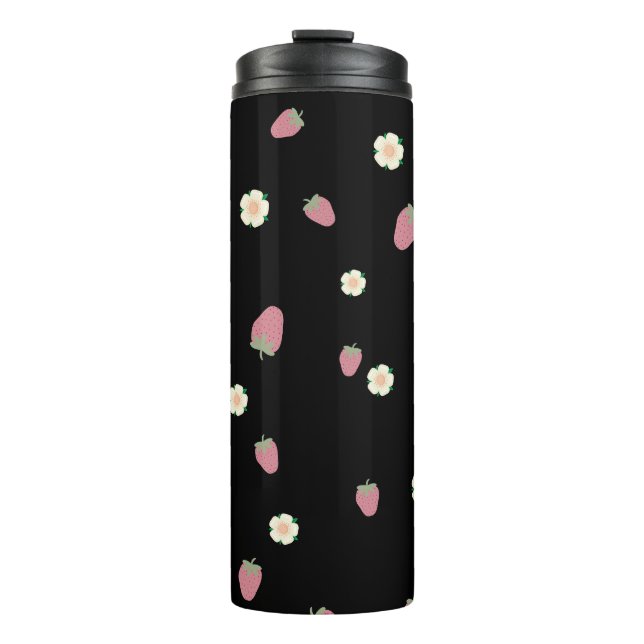 Strawberries and Flowers Black Pattern Thermal Tumbler (Front)