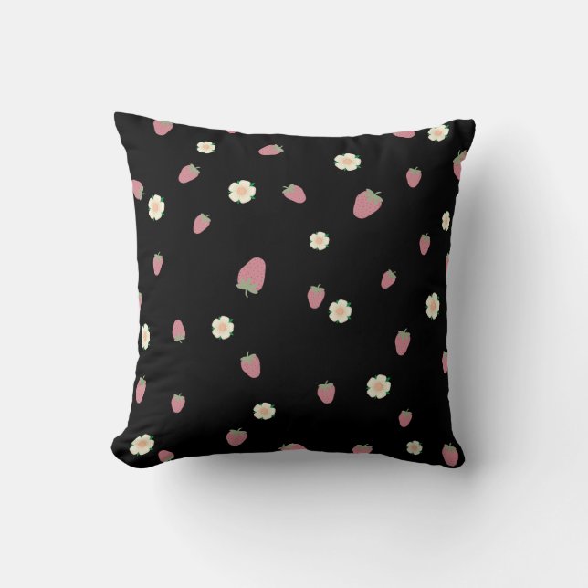 Strawberries and Flowers Black Pattern Throw Pillow (Front)