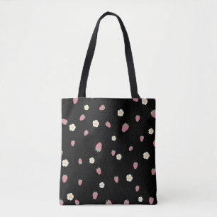 Strawberries and Flowers Black Pattern Tote Bag