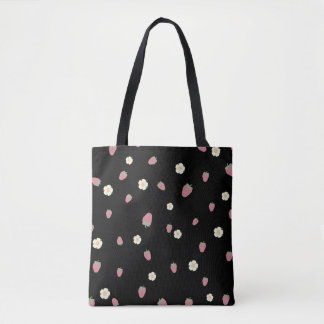 Strawberries and Flowers Black Pattern Tote Bag