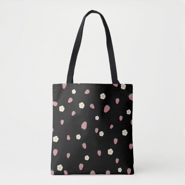 Strawberries and Flowers Black Pattern Tote Bag (Front)