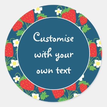 Strawberries And Flowers Blue Custom Text Classic Round Sticker by MissMatching at Zazzle