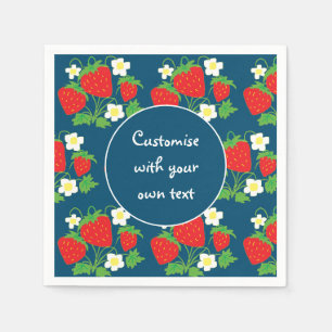 Strawberries and Flowers Blue Custom Text Napkins