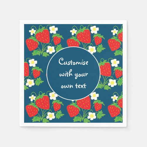 Strawberries and Flowers Blue Custom Text Napkins