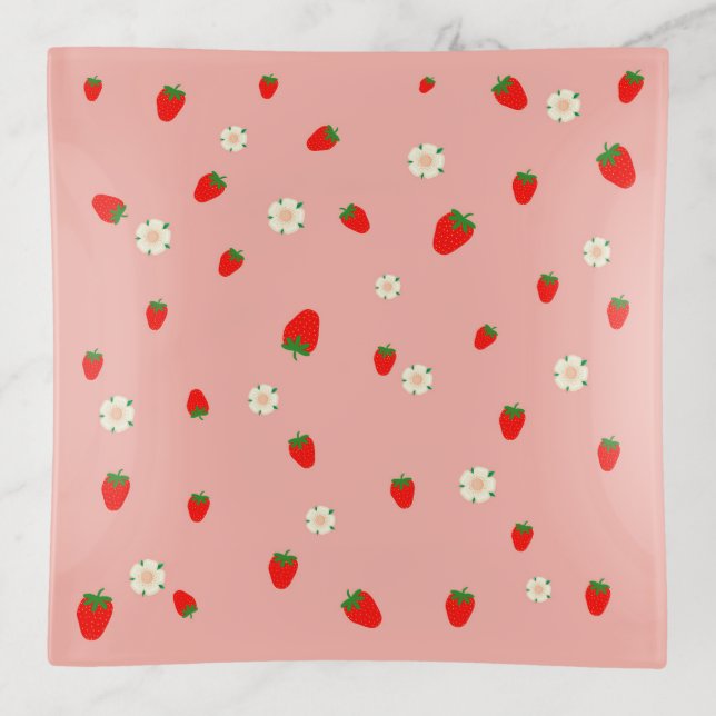 Strawberries and Flowers Pattern Trinket Tray (Front)
