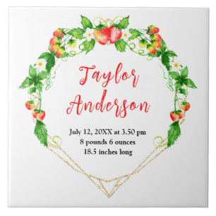 Strawberries and Foliage Baby Birth Stats Ceramic Tile