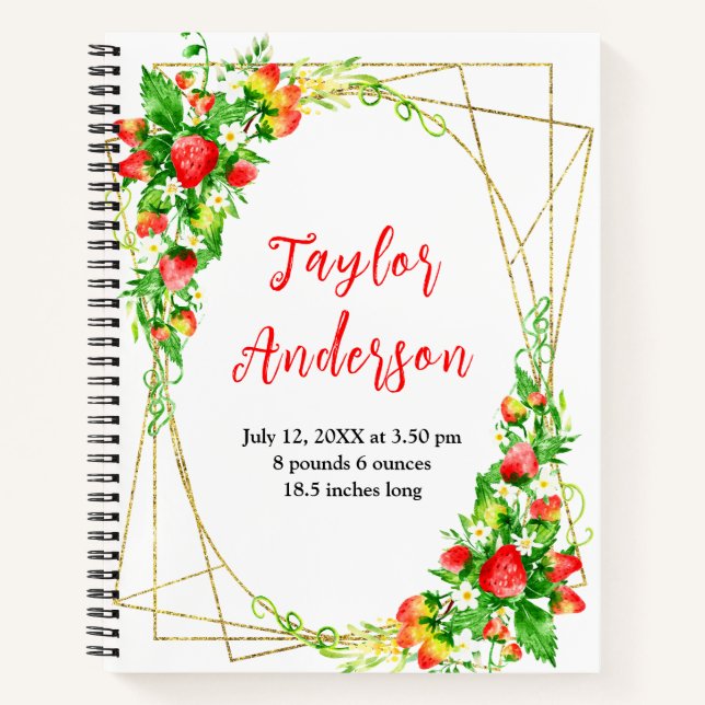 Strawberries and Foliage Baby Birth Stats Notebook (Front)