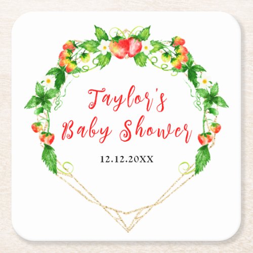 Strawberries and Foliage Baby Shower Square Paper Coaster